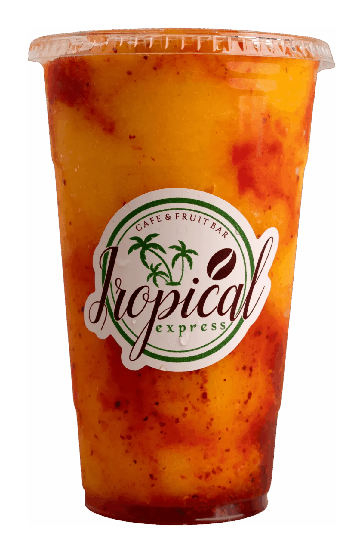 A Tropical Express cup of golden mango iced tea over ice